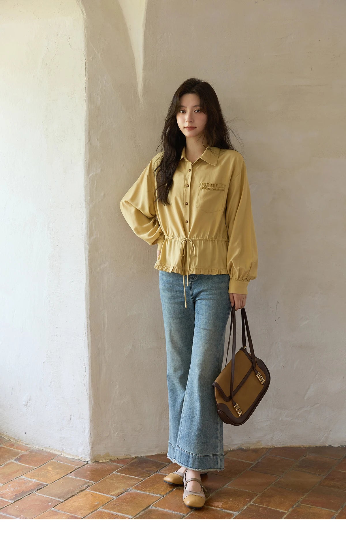 MISHOW Yellow Drawstring Waist Shirt Lapel Lantern Sleeve MXE42C2368
