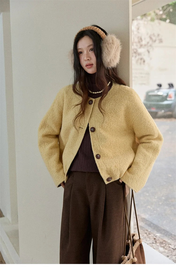 MISHOW Brown Wool Quilted Coat Round Neck Short Loose MXE87W0935