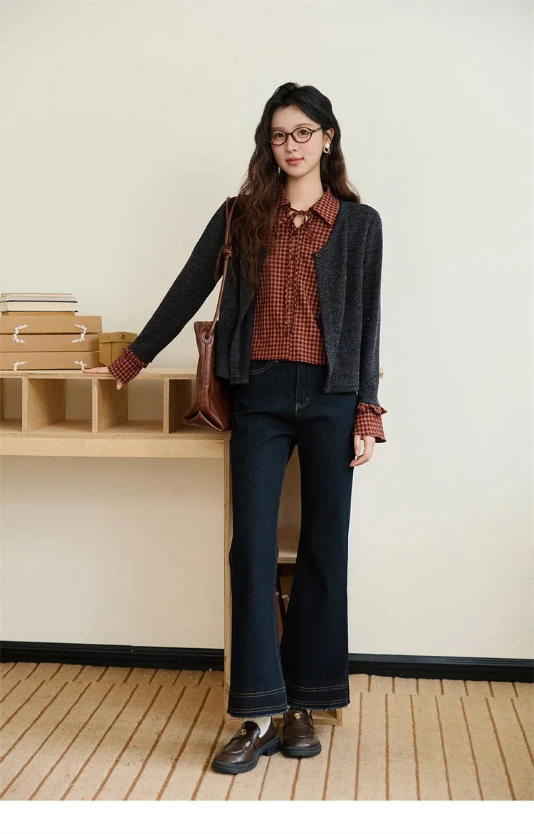 MISHOW Fake Two Knitted Sweater Plaid Splicing Flare Sleeve MXE45Z1401