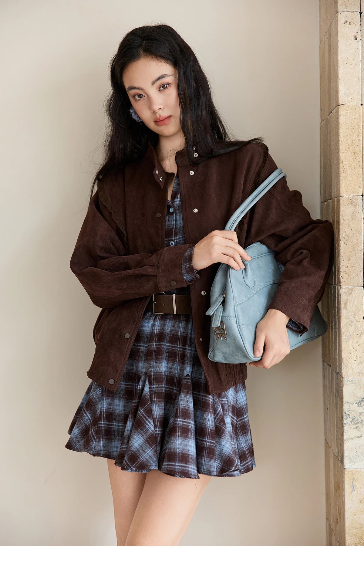 Mishow Blue Plaid Turn-Down Collar Belt Dress MXE48L2525