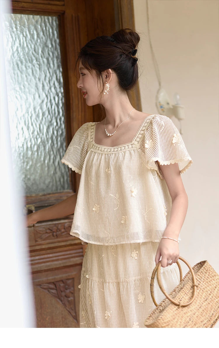MISHOW Butterfly Flying Sleeve Blouse & Elastic Waist Skirt Set MXD29X1559