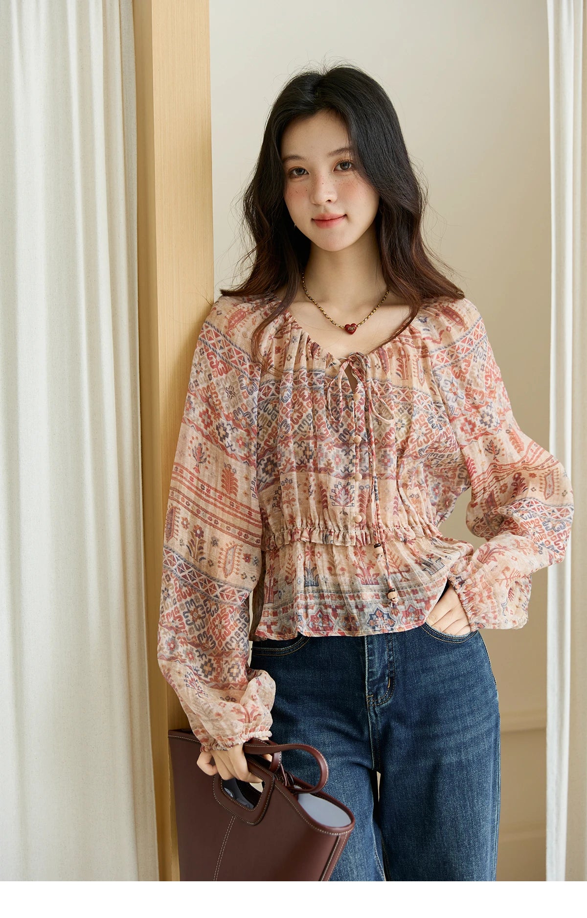 MISHOW National Style Printed Blouse Round Neck Drop Sleeve MXE47X2508