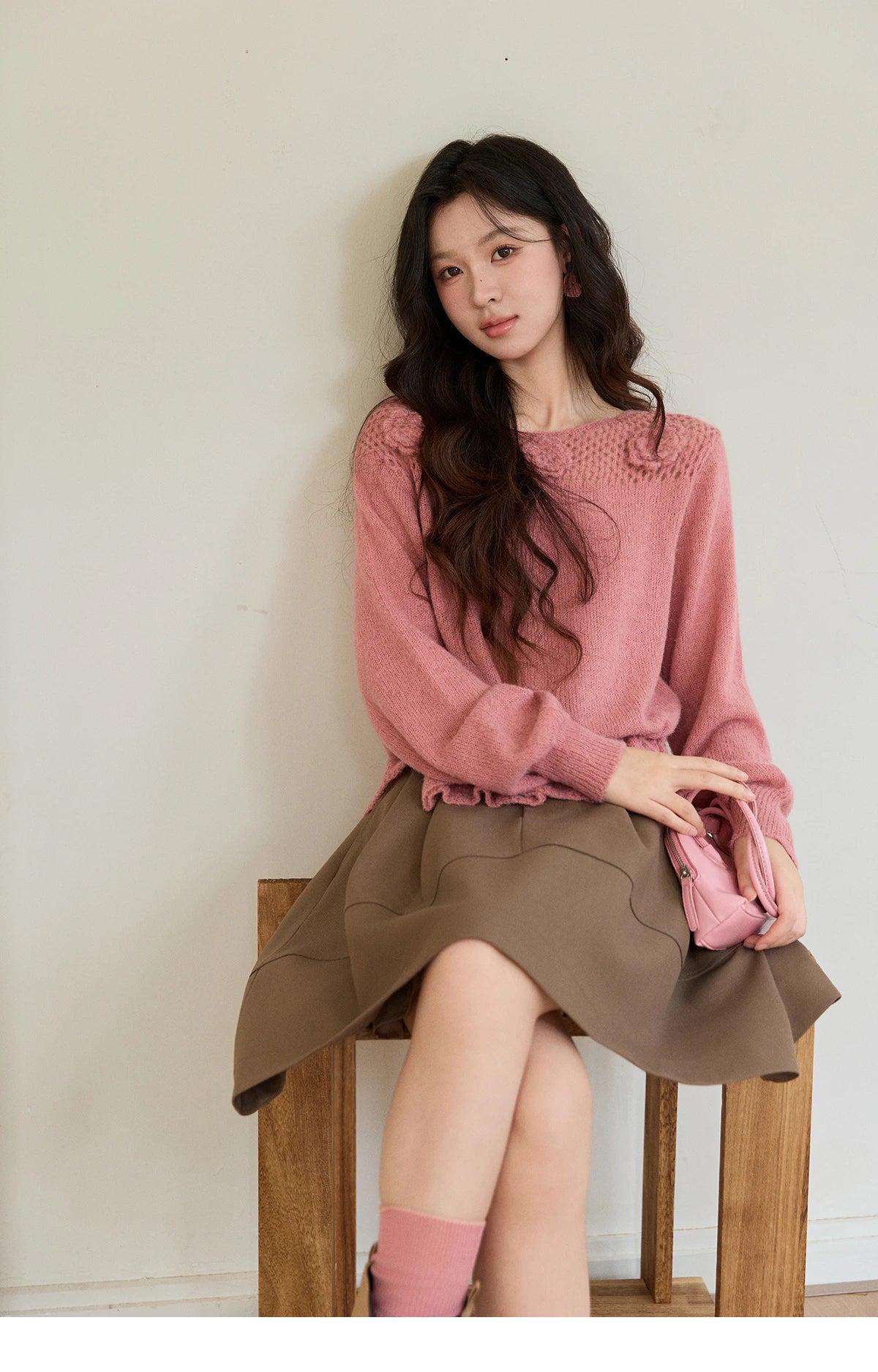 Mishow Pink Hollow Floral Ruffled Hem Sweater MXE94Z2865