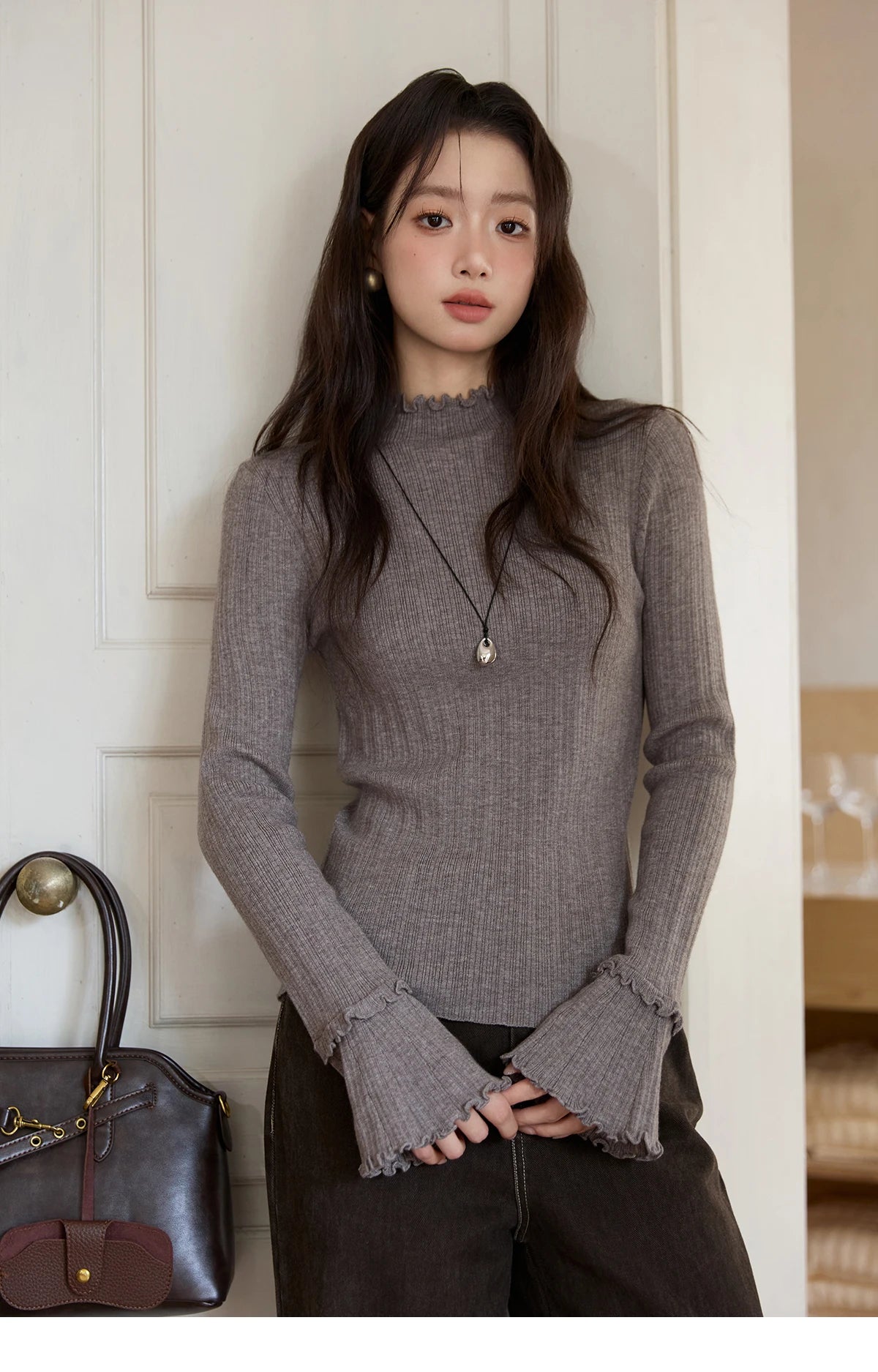 Mishow Turtleneck Wood Ear Trumpet Sleeve Top MXE51Z2552