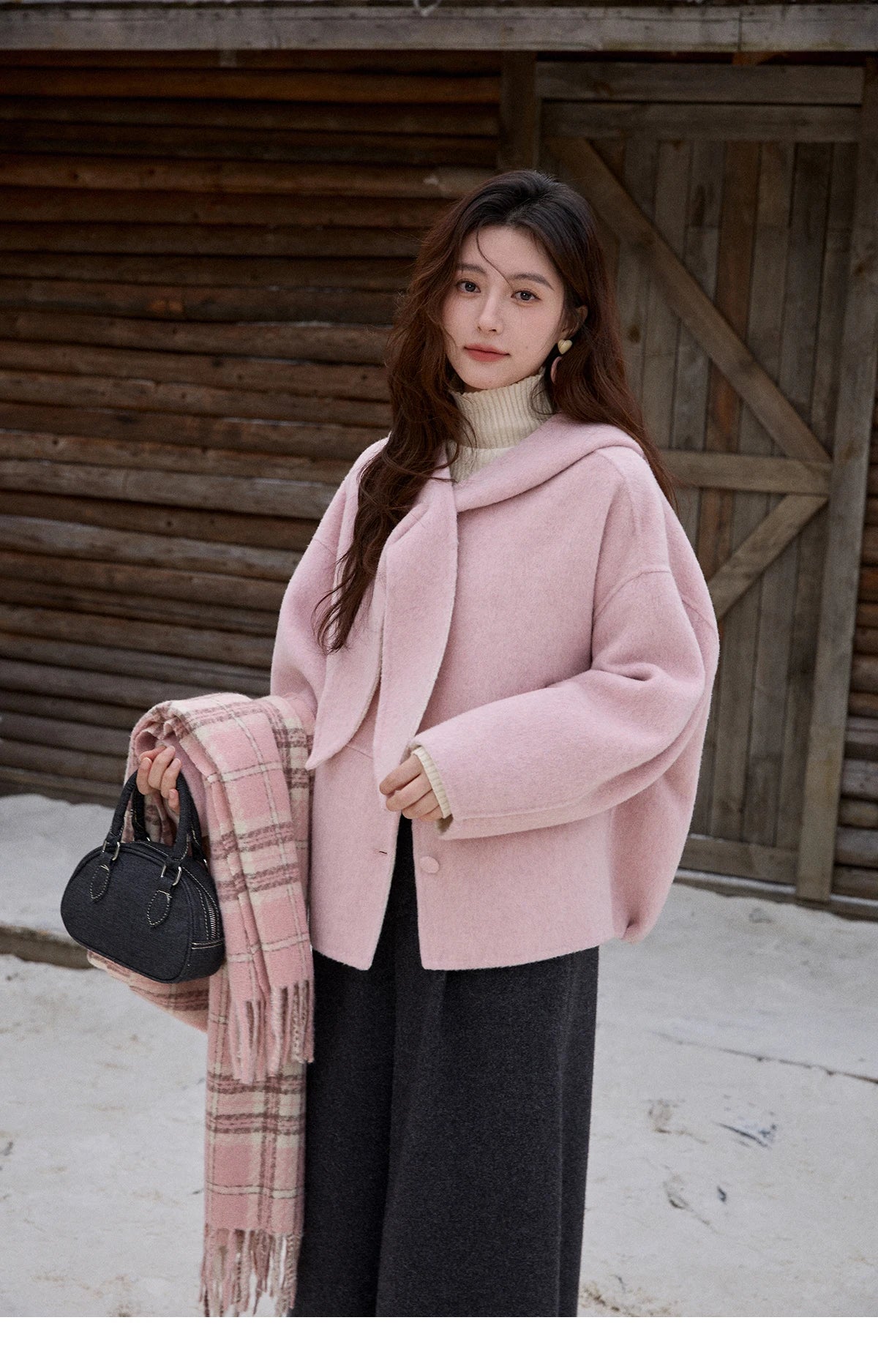 Mishow Pink Wool Hooded Bow Tie Strap Coat MXE91W1010