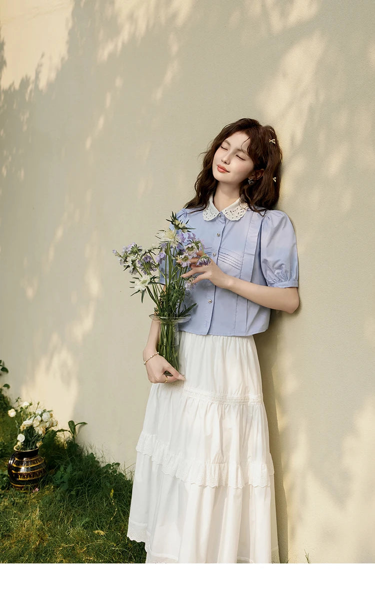 MISHOW Puff Sleeve Blouse Lace Lapel French Retro Contrast MXD26X1451