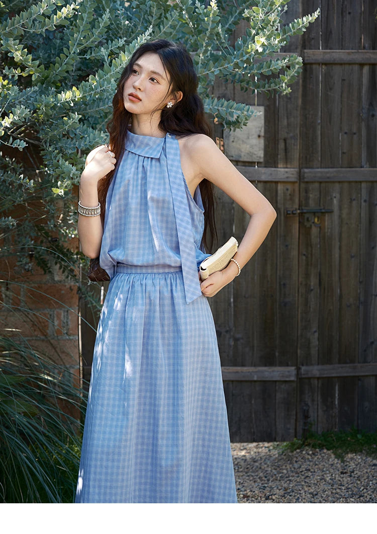 Mishow Plaid Hanging Neck Button Top & A-Line Skirt Set MXE39T0711