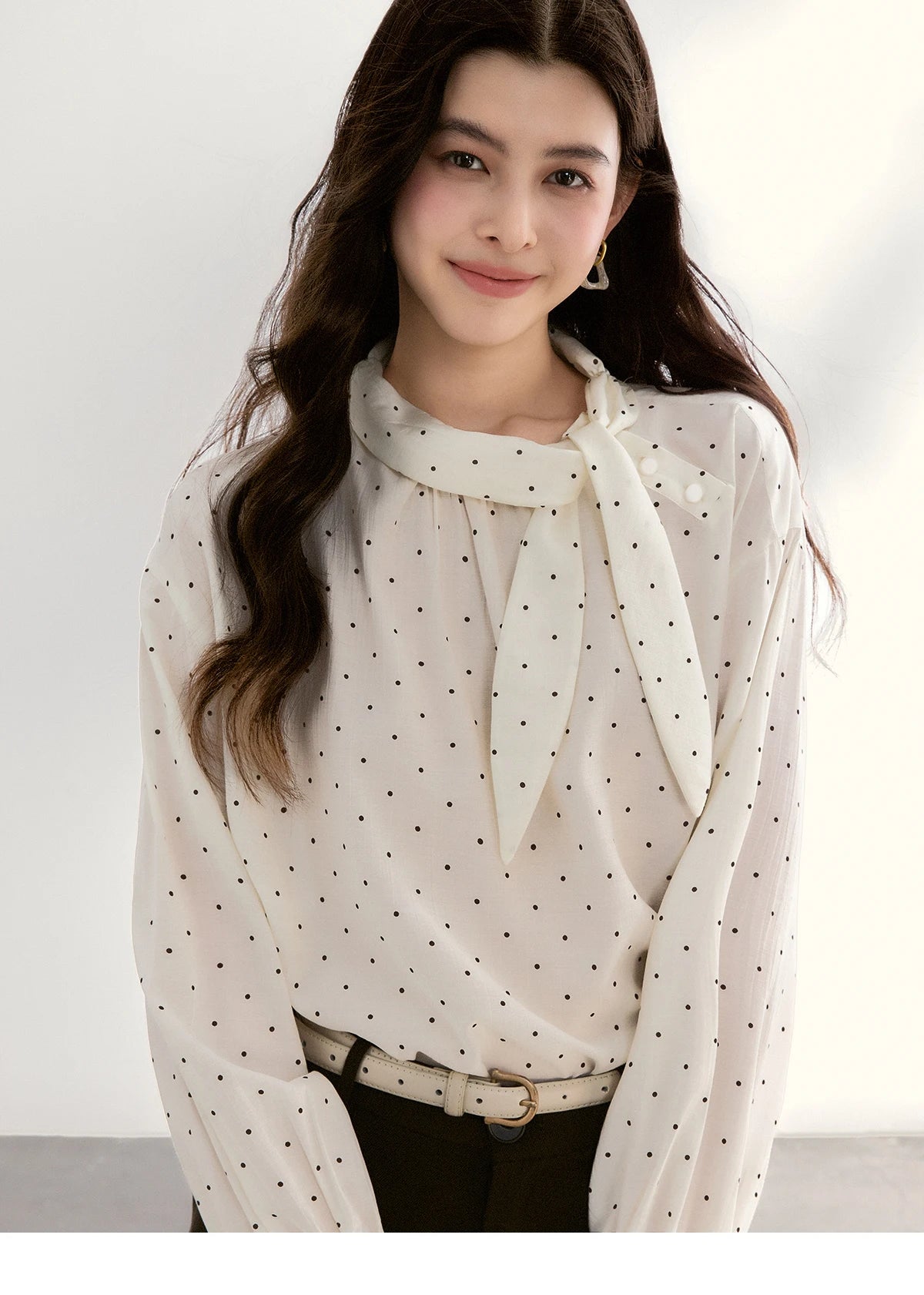 MISHOW White Polka Dot Blouse Bow Tie Neck Sheer MXF13X2531