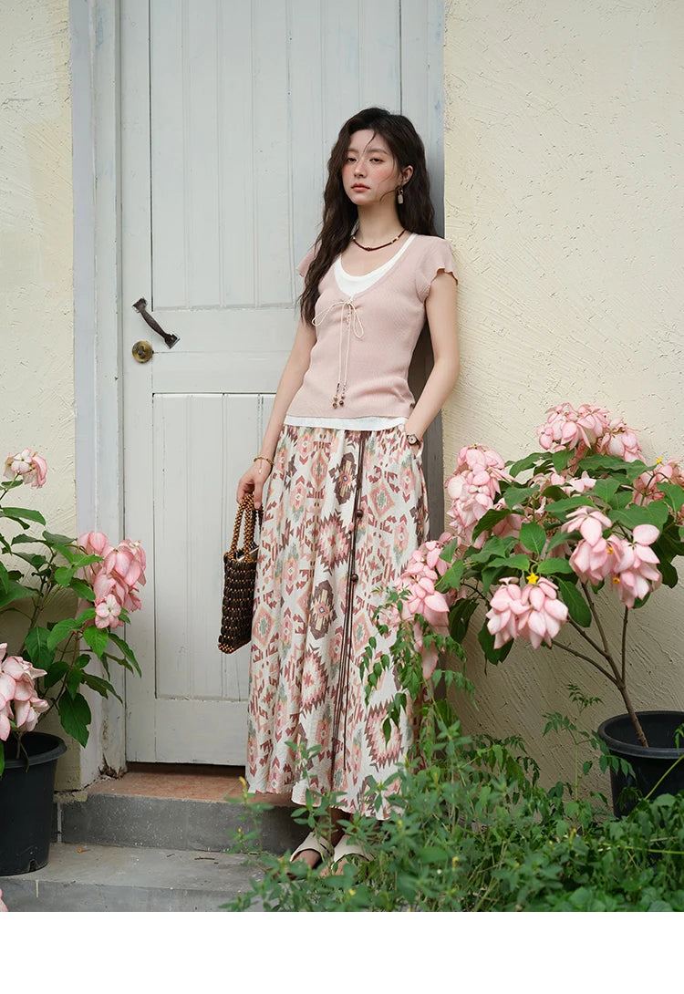 MISHOW Geometric Print Half Skirt Prairie Chic Pocket Vacation A-Line MXE37B0760