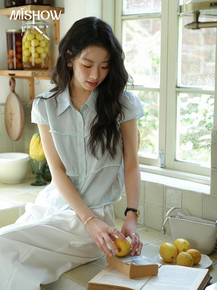 MISHOW Turn-Down Collar Button Shirt Edge Splicing Short Sleeve MXE39C2363