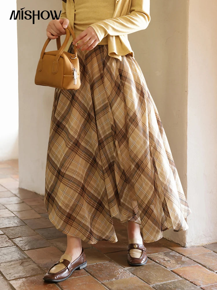 MISHOW Coffee Plaid Skirt Asymmetrical Hem Side Zipper A-Line MXE42B2377