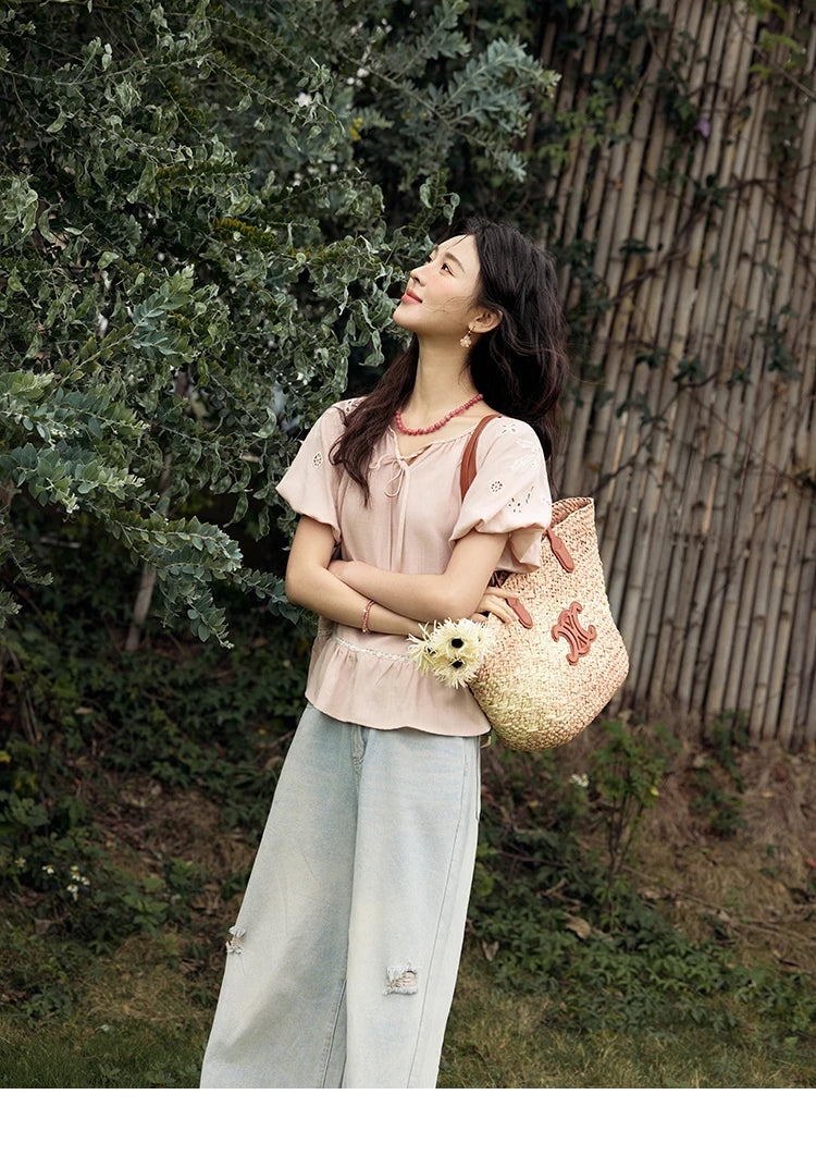 MISHOW Puff Sleeve Blouse Round Neck Hollow Embroidery MXE31X1747