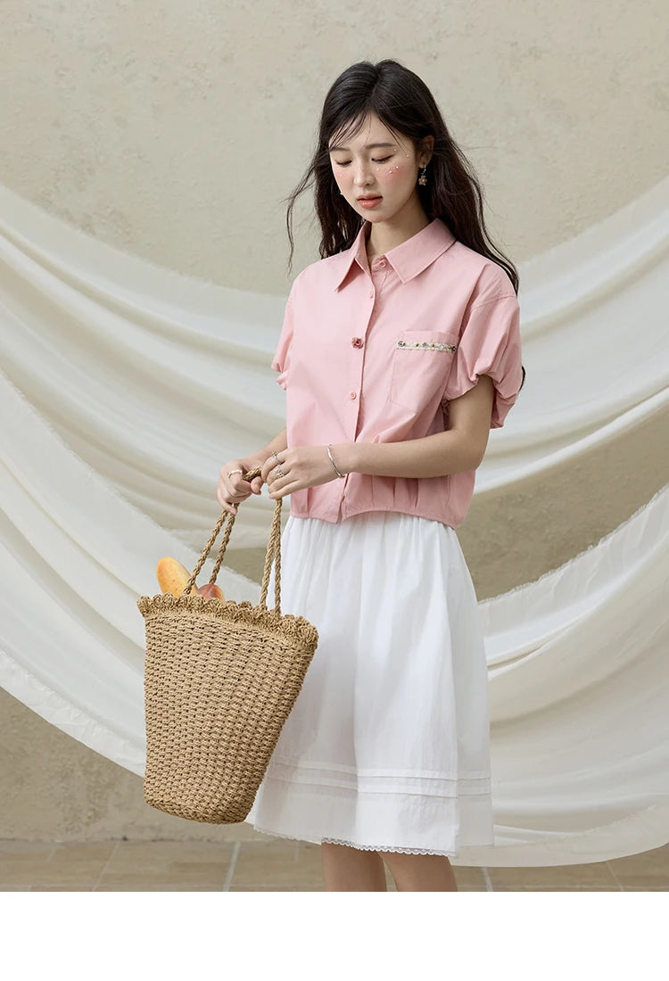 MISHOW Short Puff Sleeve Blouse Turn Down Collar Shell Ribbon MXE33C0773