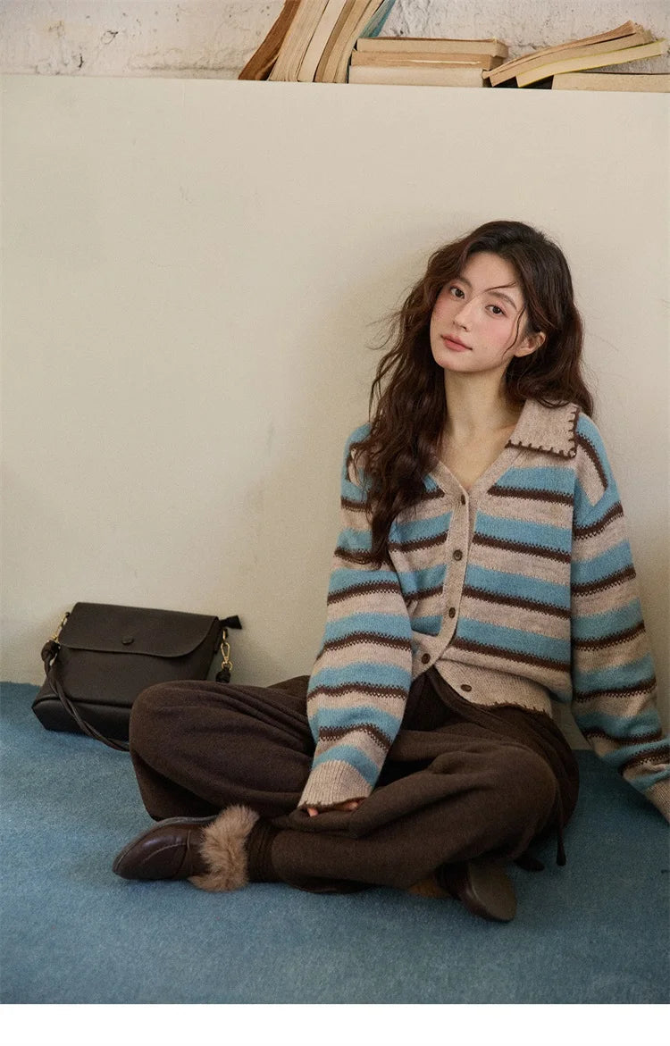 Mishow Retro Striped V-Neck Wool Cardigan MXE87Z2681