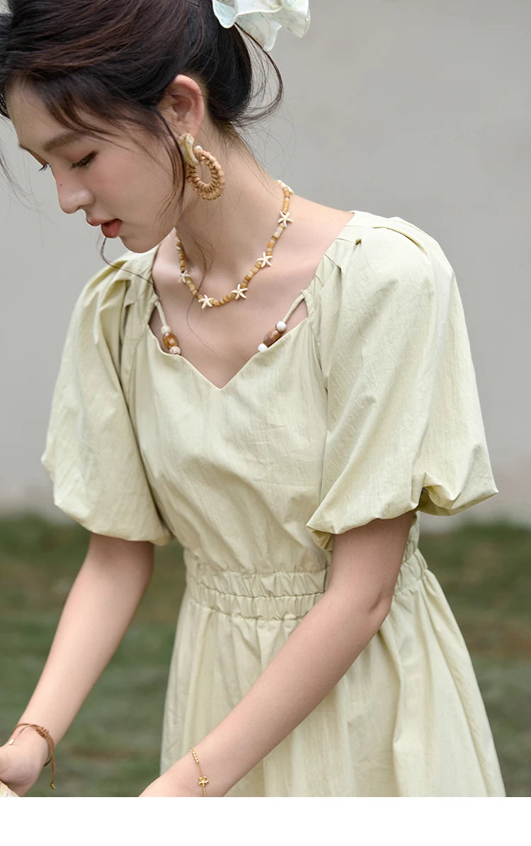 Mishow French V-Neck Bubble Sleeve Back Green Dress MXD22L1825