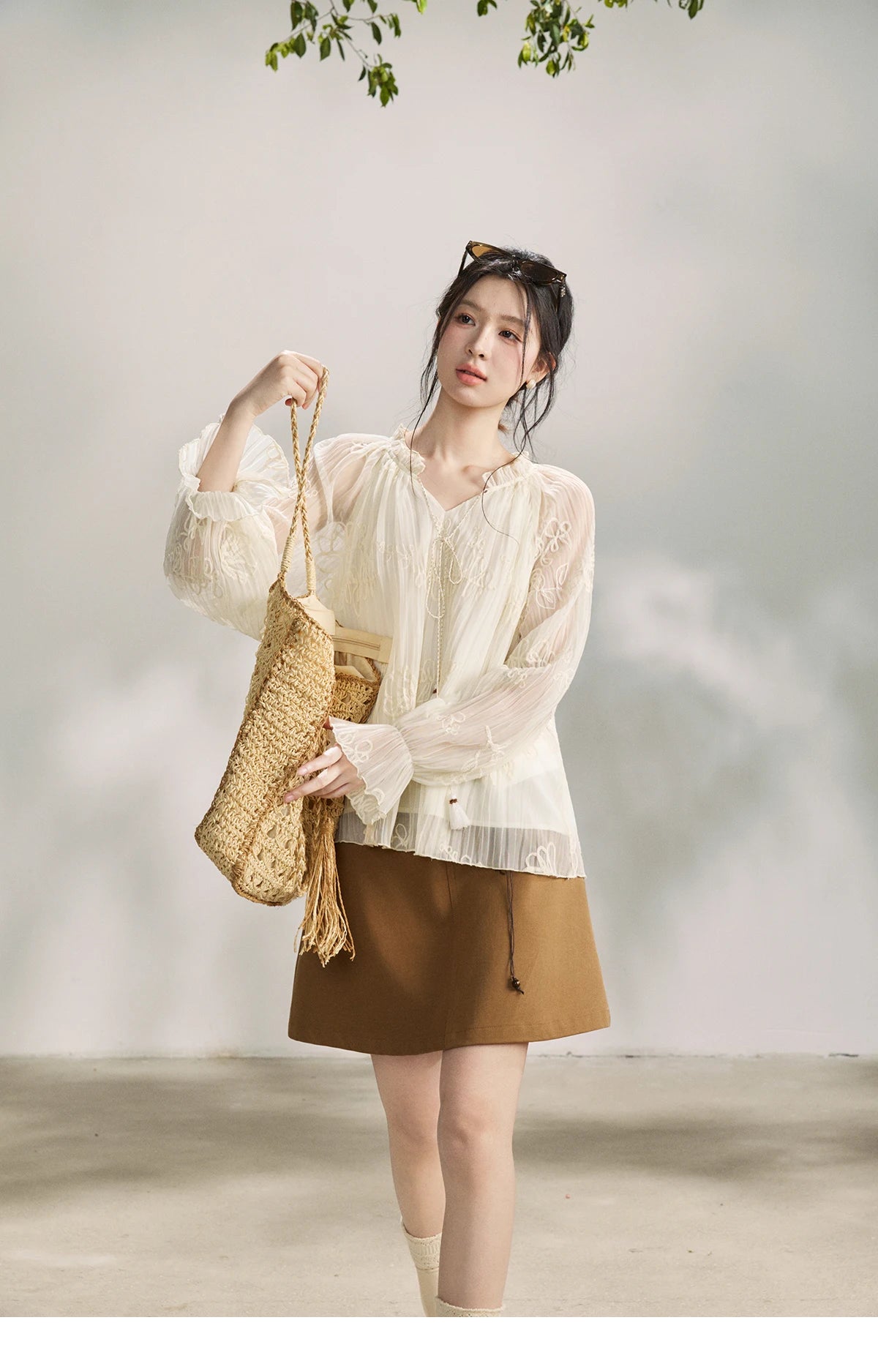 MISHOW Tassel Tie Flower Embroidered Blouse V-Neck Lantern Sleeve MXF13X2525