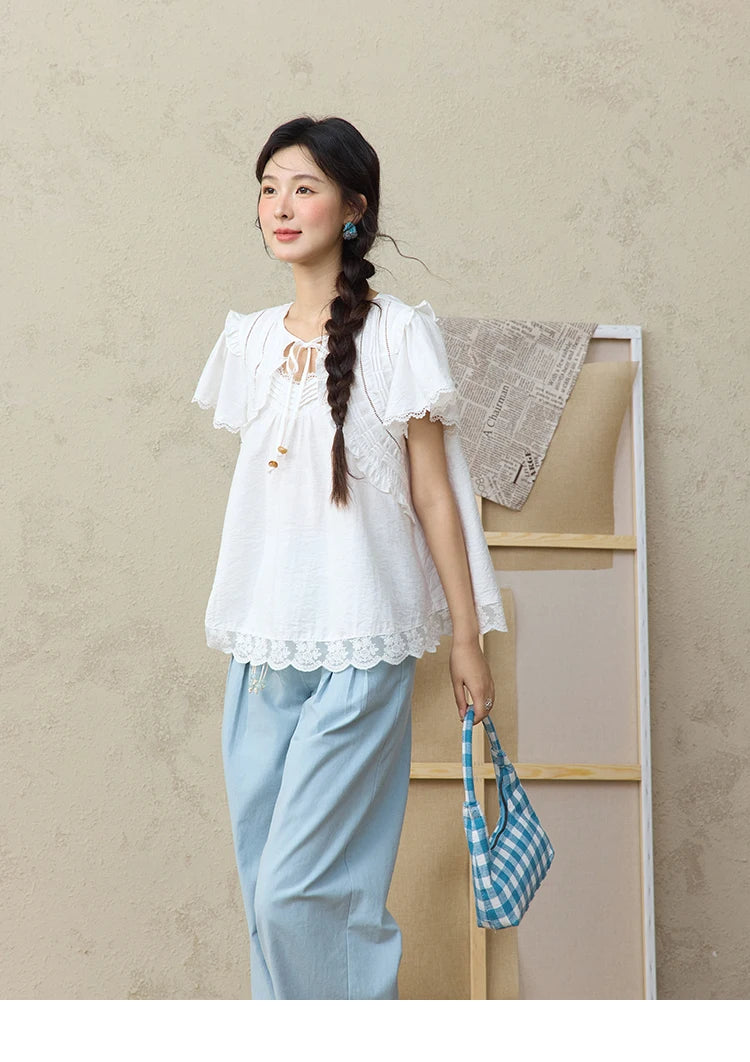 MISHOW White Lace Up Blouse Butterfly Sleeve Hollow Lace MXE34X1784
