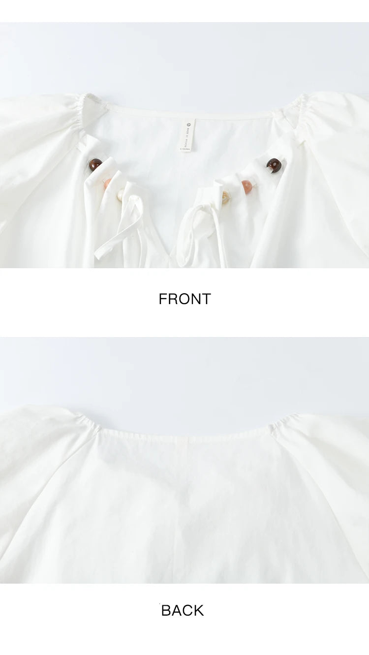 MISHOW V-Neck Puff Sleeve Blouse Beaded Retro Top MXE33X1757