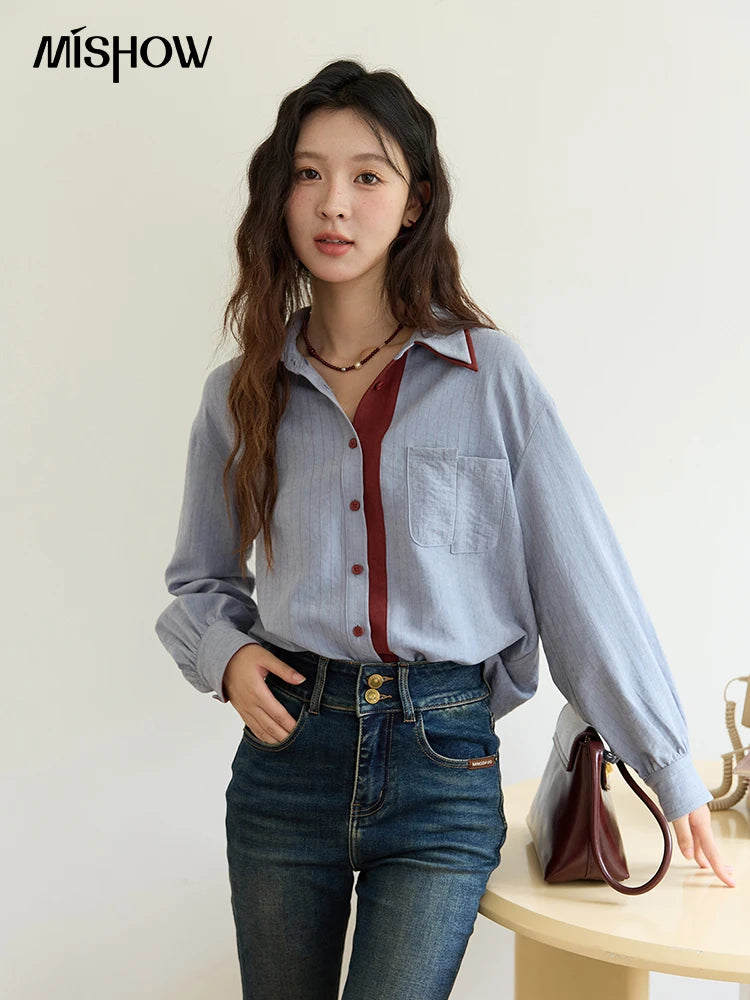 MISHOW Blue Red Striped Shirt Contrast Splicing Lapel MXE46C2405