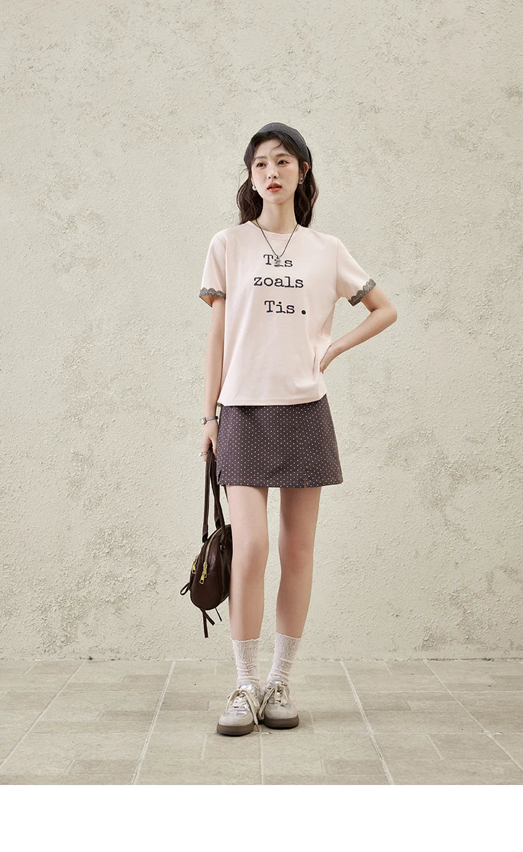 Mishow Pink Letter Print Lace Trim Tee MXE32T0529