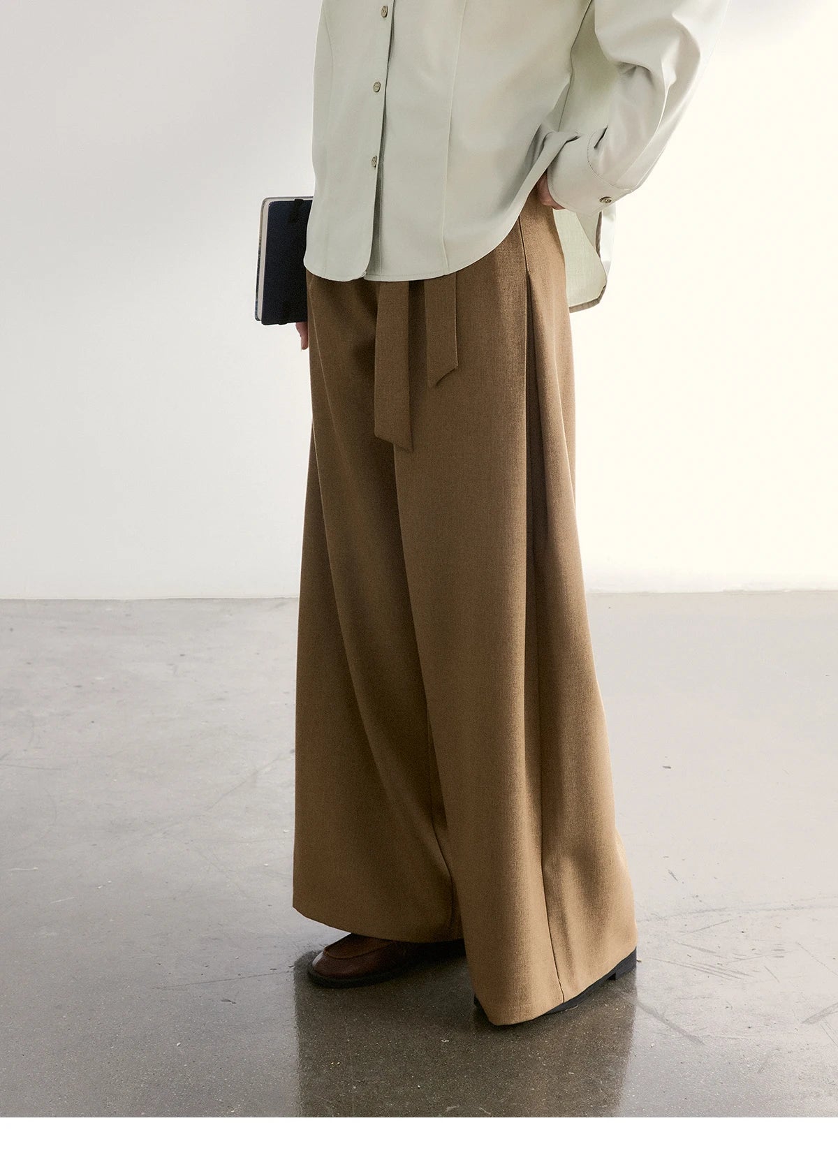 MISHOW Brown Wide Leg Pants Strap Design High Waist Elastic MXF11K1134