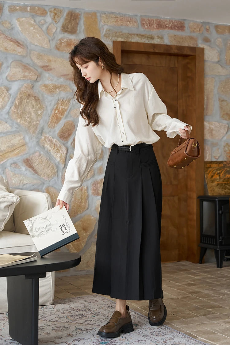 MISHOW Pleated Midi Skirt A-LINE Pockets Split Back Hem MXC42B0118