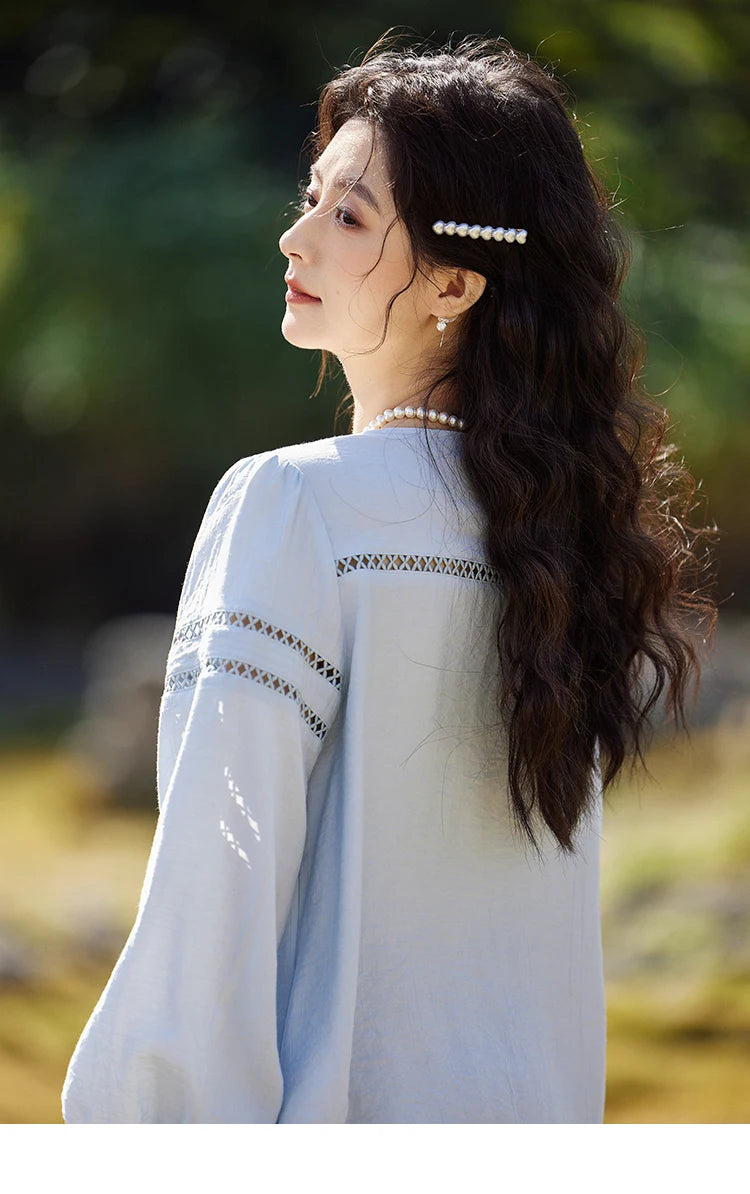 MISHOW Blue V-Neck Shirt Lace-Up Hollow Lantern Sleeve MXE12C0411