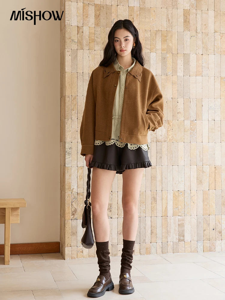 Mishow Brown Hollow Out Embroidery Woolen Coat MXE49W0856