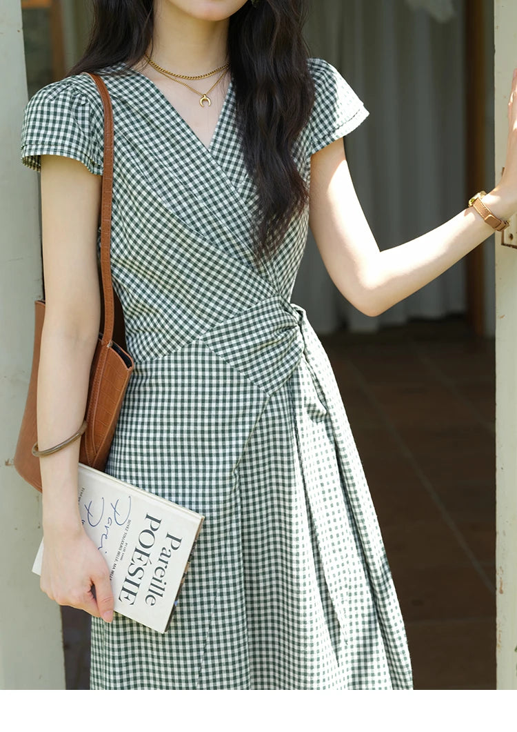 Mishow V-Neck Plaid Waist Cinched Sash Dress MXE39L2410
