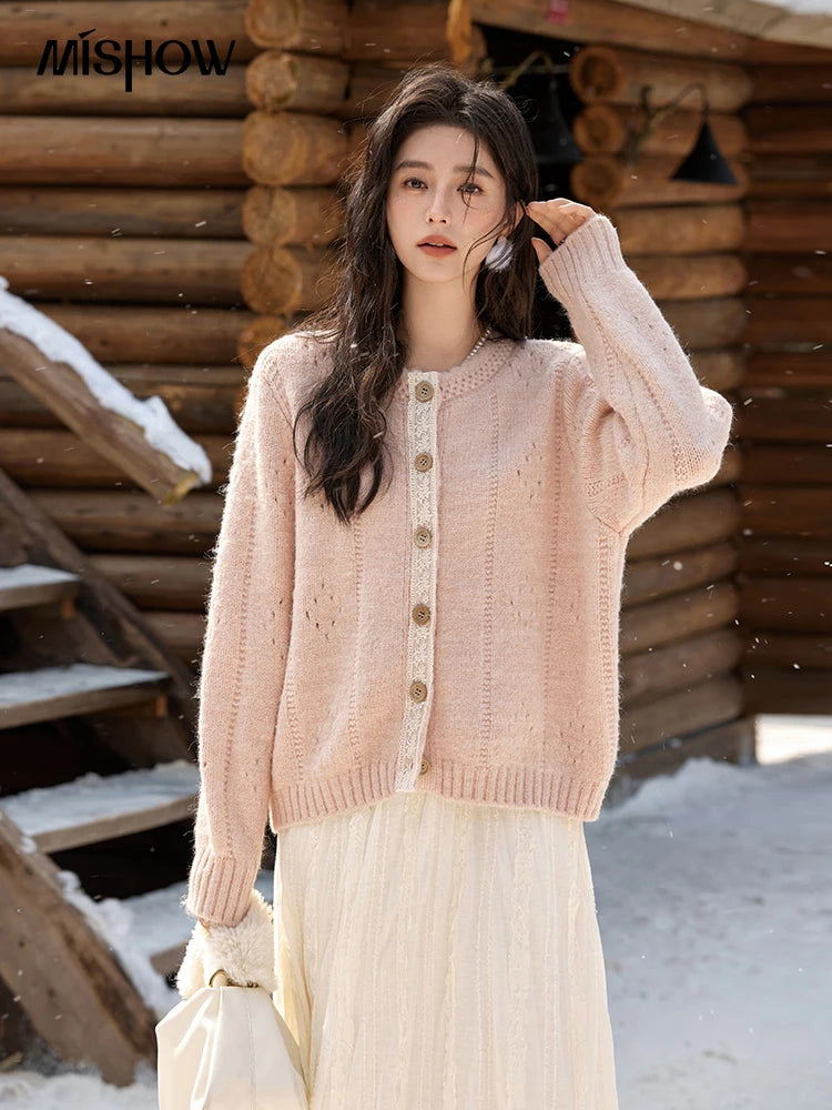 Women's Pink Wool Blend Cardigan Sweater MXD56Z1064