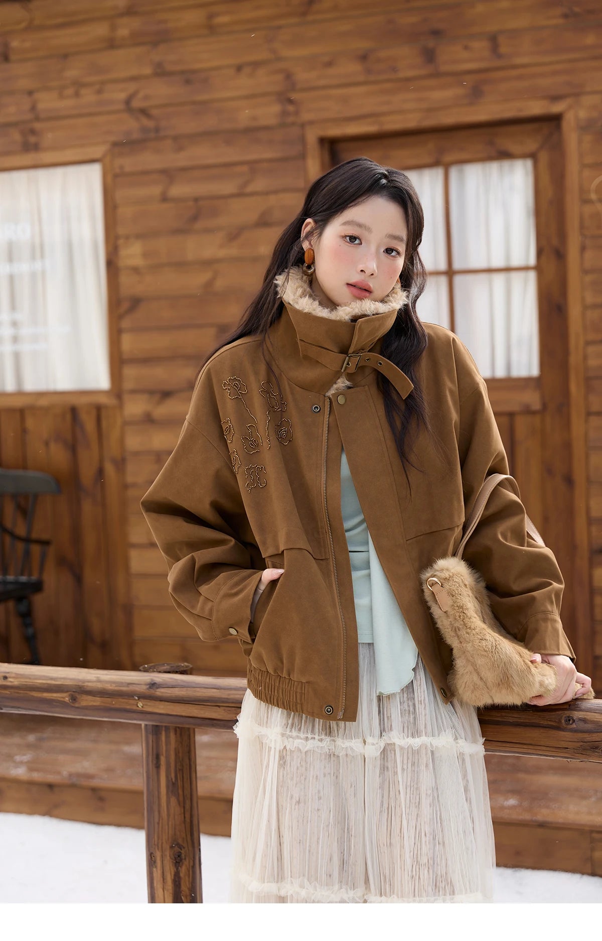 MISHOW Brown Suede Jacket Detachable Fur Collar Zipper MXE51W0876