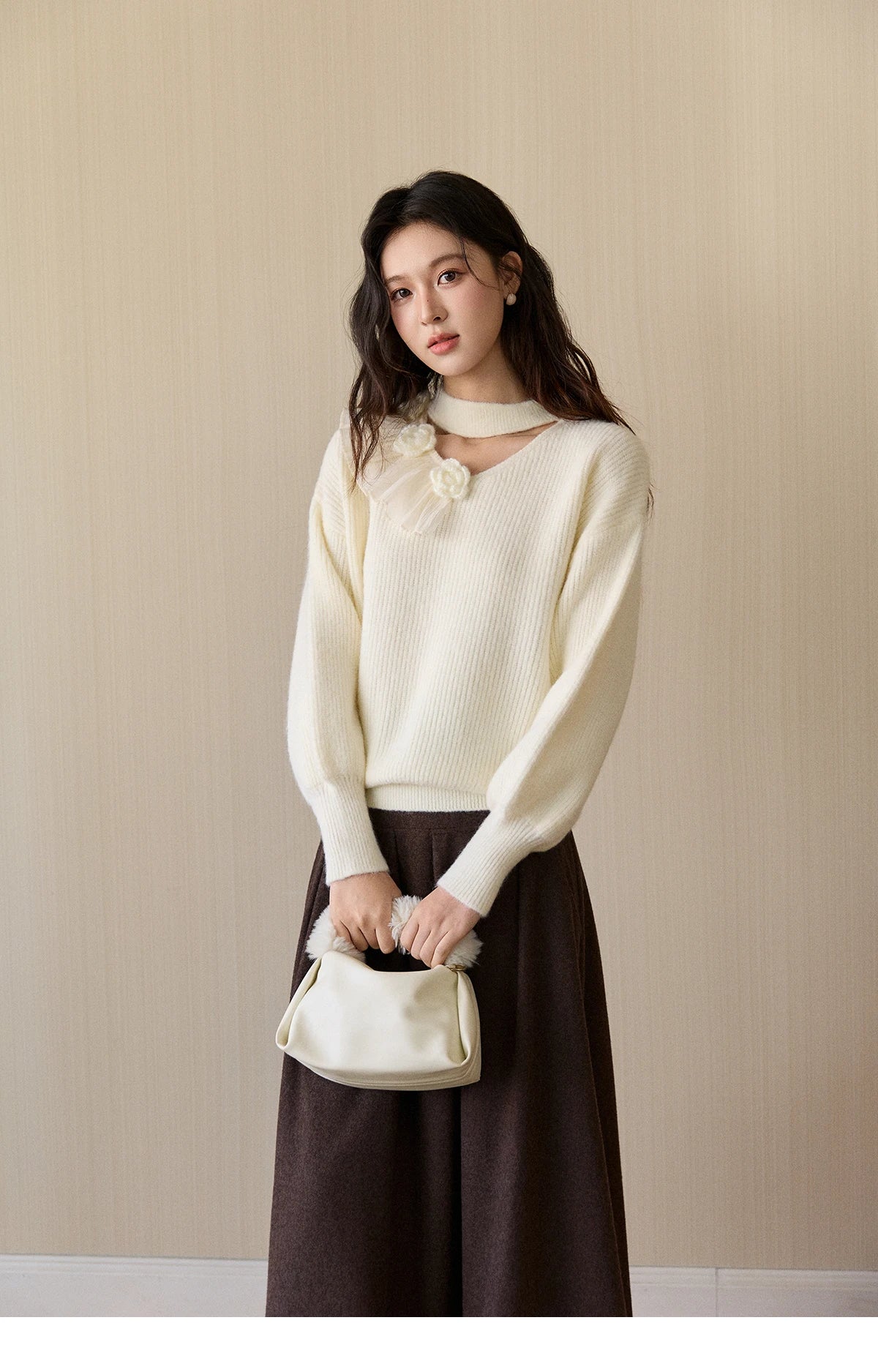 Mishow Cutout Neck Ruffle Flower Lantern Sleeve Pullover MXE94Z2982