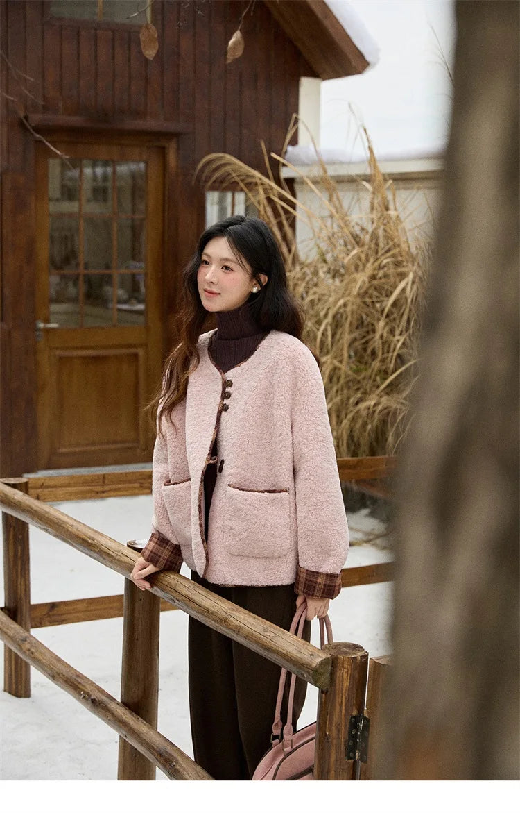 Mishow Plaid Patchwork Lamb Wool Round Neck Coat MXE90W0923