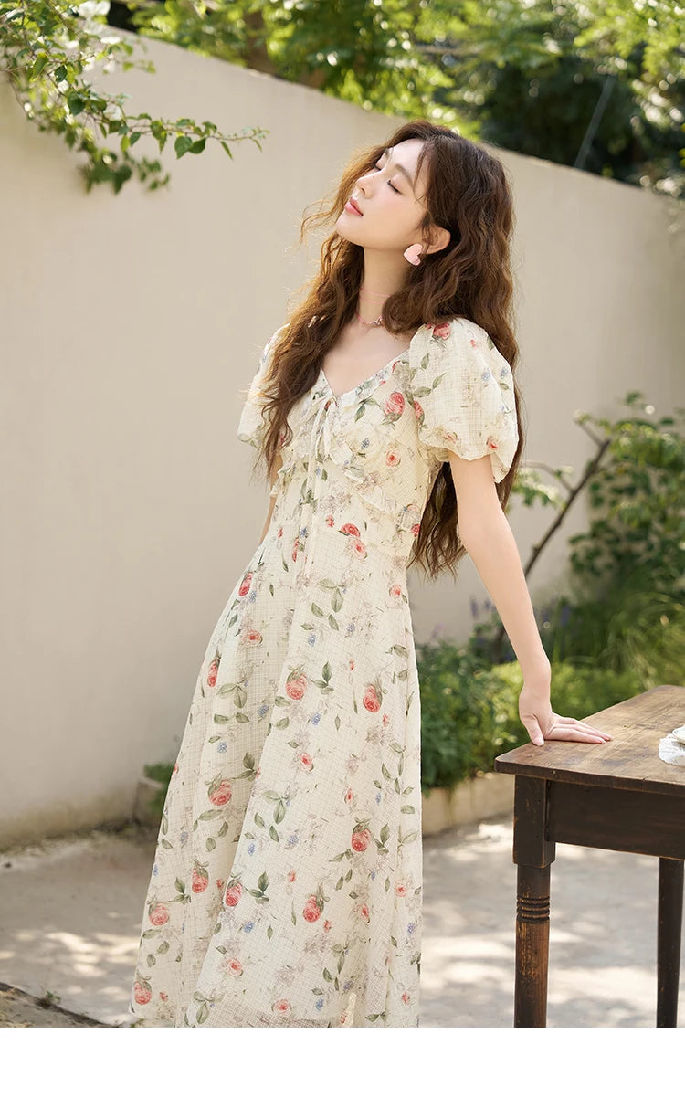 Mishow French A-Line Ruffled V-Neck Puff Sleeve Dress MXC33L1465