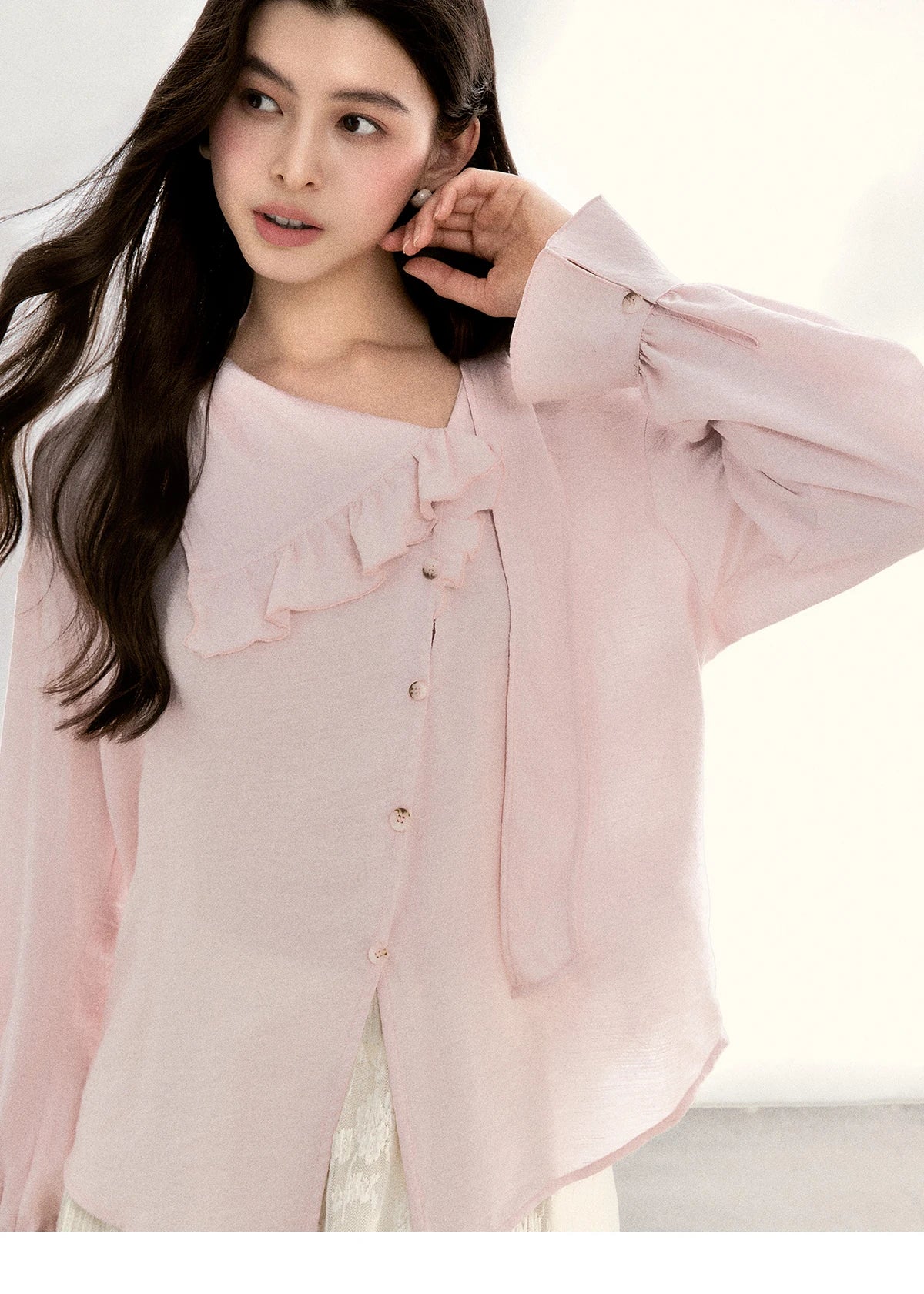 MISHOW Pink Asymmetrical Ruffled Collar Blouse Puff Sleeve MXF11X2520