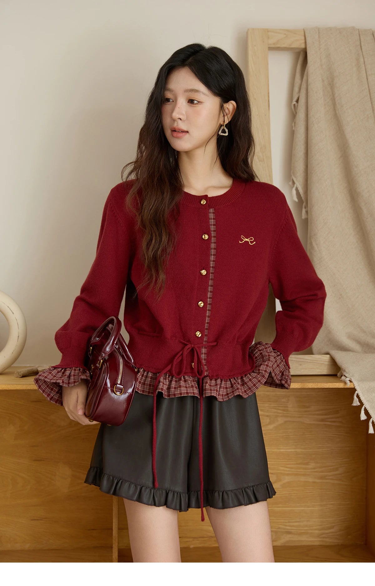 Mishow Red Fake Two-Piece Plaid Patchwork Cardigan MXE45Z2483