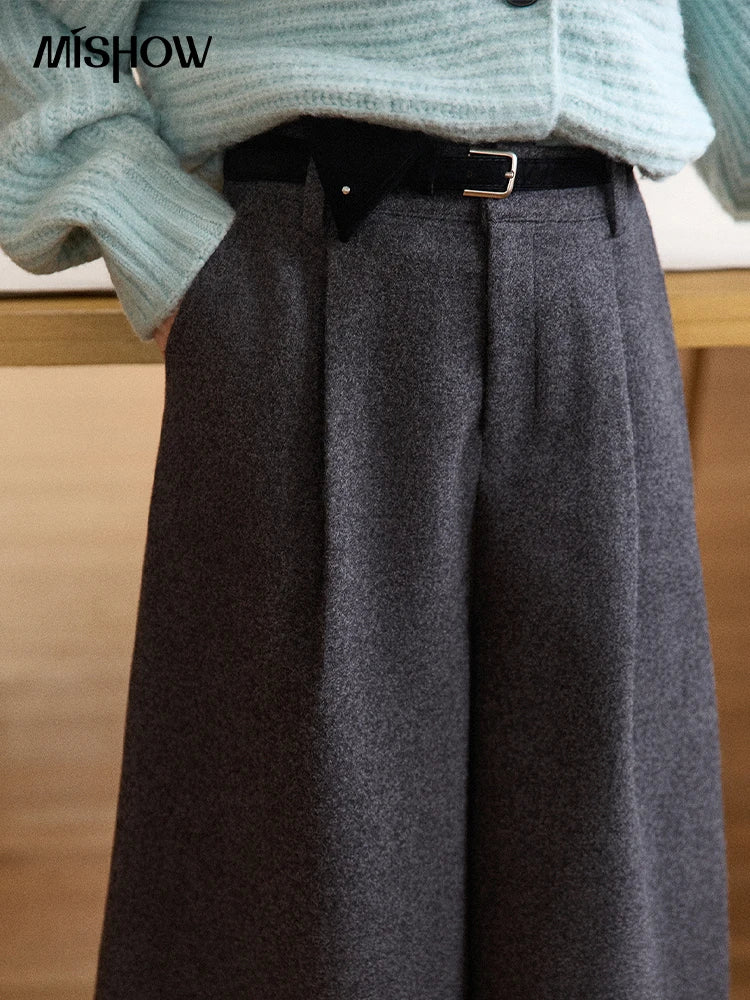 MISHOW Gray Wool Wide-Leg Pants High-Waisted Cropped MXE90K1128