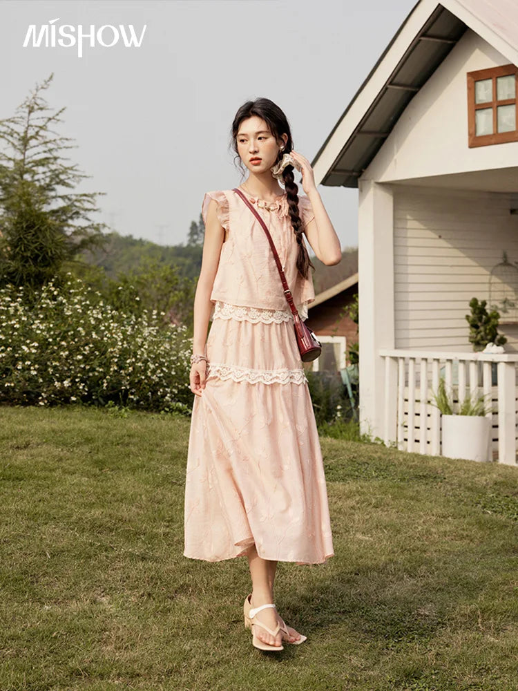Mishow Short Flying Sleeve Top & Hollow Embroidery A-Line Skirt Set MXE33T0545