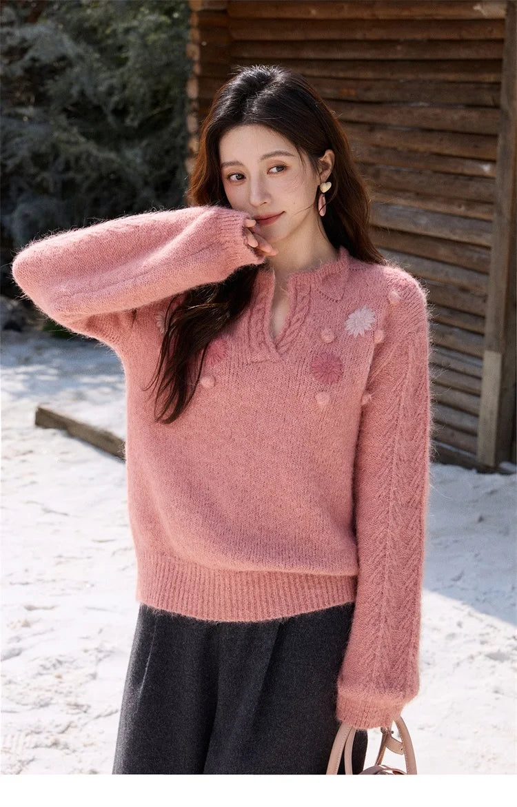 Mishow Raspberry Pink Floral Pom-Pom V-Neck Sweater MXE86Z2740