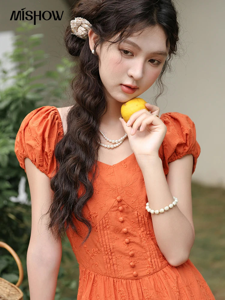 Mishow 100% Cotton Orange Embroidered Sweetheart Dress MXD29L1931