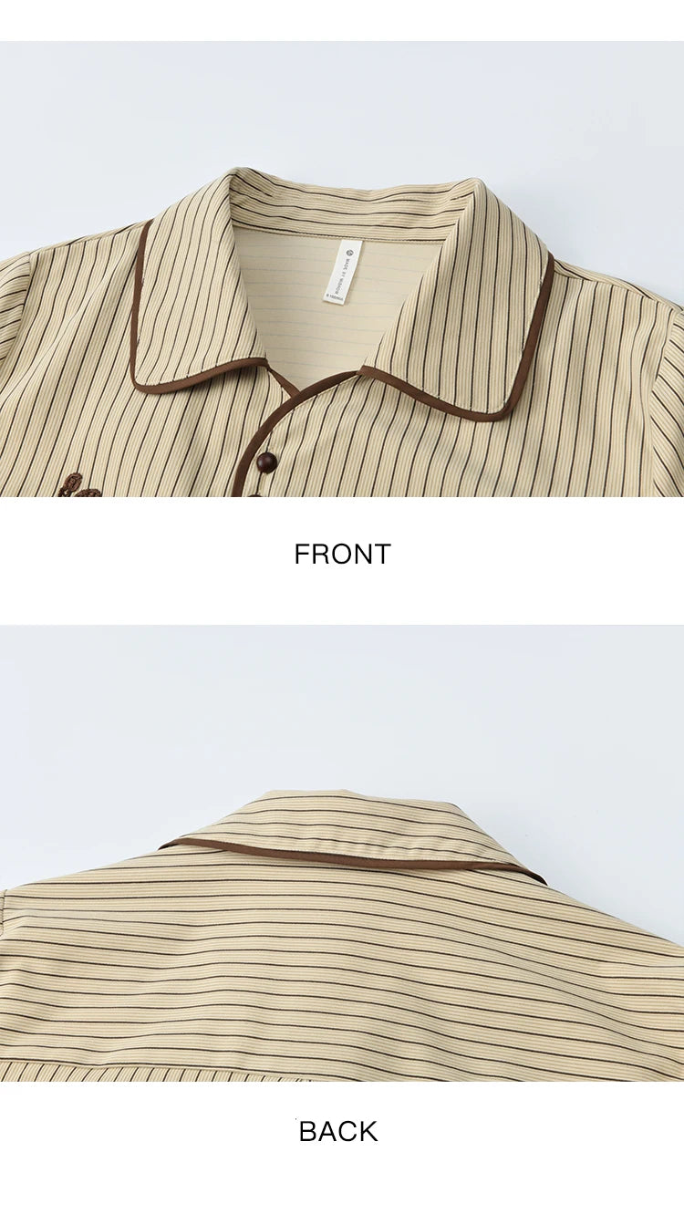 MISHOW Khaki Brushed Striped Shirt Lace Embroidered Asymmetric Placket MXE45C2402