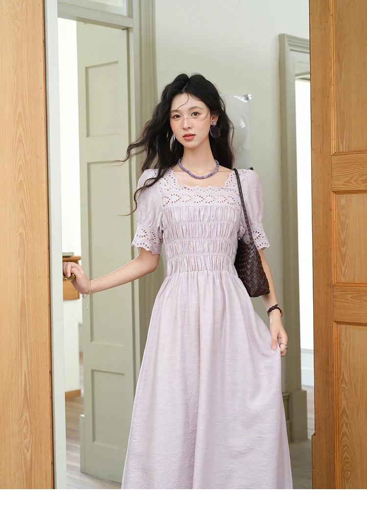 Mishow Purple Square Neck Puff Sleeve Lace Dress MXE39L2406