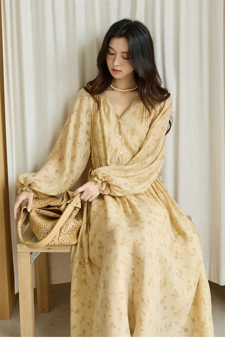 MISHOW Yellow Print Lace Lantern Sleeve Dress MXE47L2527