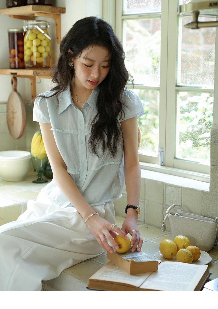 MISHOW Turn-Down Collar Button Shirt Edge Splicing Short Sleeve MXE39C2363