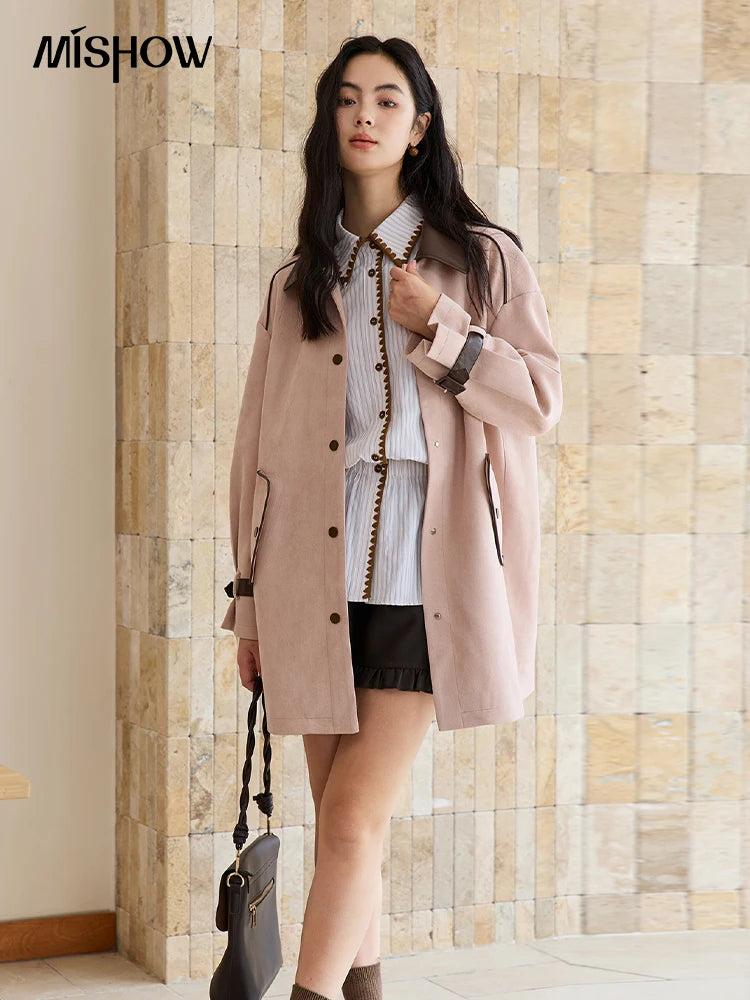 MISHOW Pink Mid-Length Jacket Turn-Down Collar Button Spliced MXE45W0845