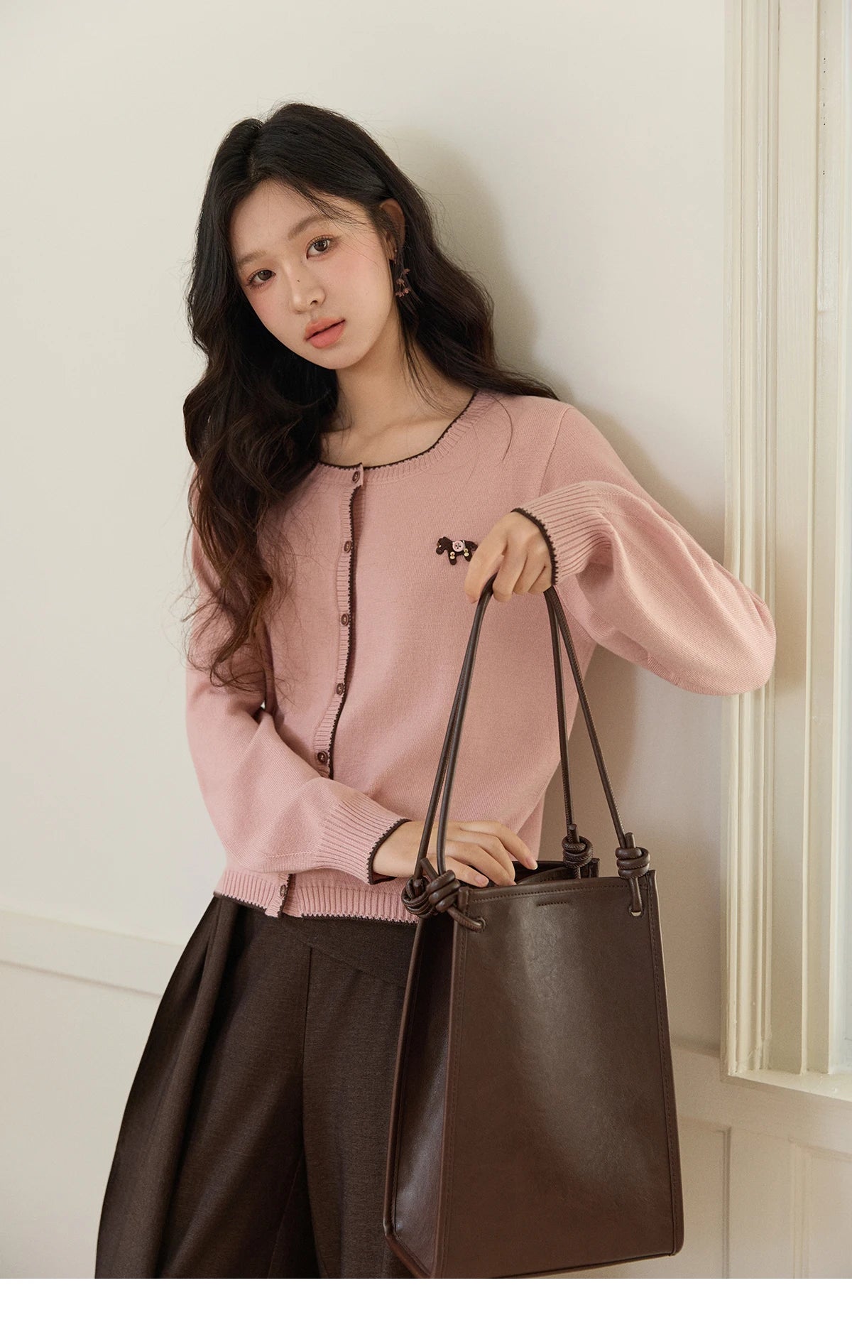 Mishow Pink Contrast Trim Pony Decoration Cardigan MXF108Z1023