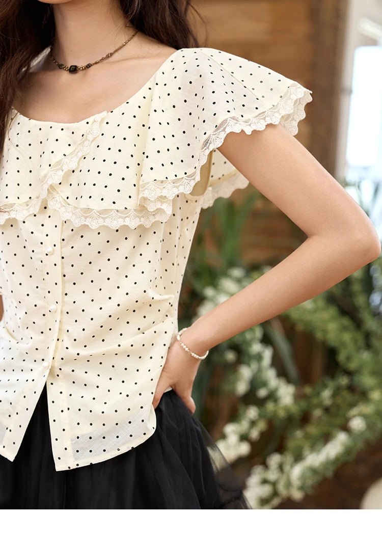 MISHOW Apricot Polka Dot Shirt Ruffle Edge Patchwork Lace MXE34X1783