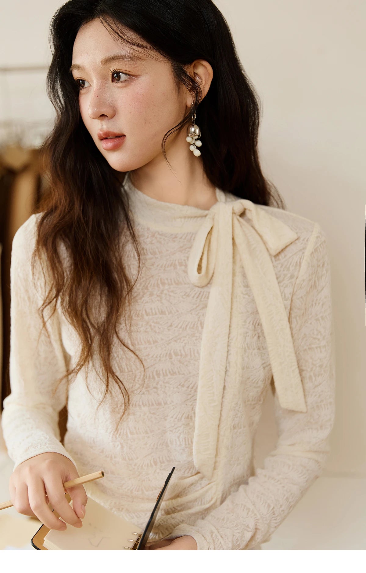 Mishow Apricot Retro Stand Neck Lace Up Bow Top MXE45Z1382