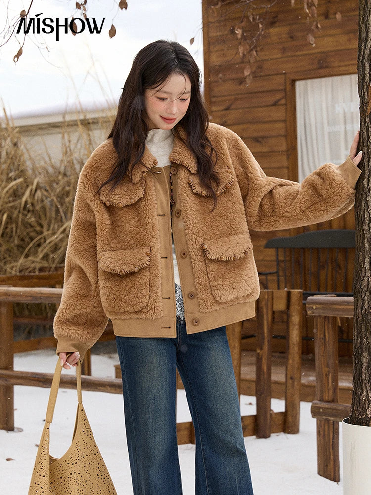 MISHOW Faux Lambskin Coat Turn-Down Collar Brown Loose MXE89W0896