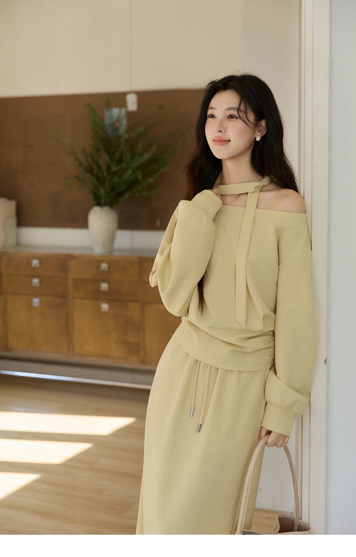 Mishow Light Yellow Off-Shoulder Top & Rear Fork Midi Skirt Set MXE11T1489